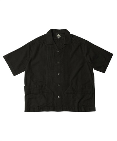 Cotton-Linen “綿麻” Pintuck Open Collar Shirt (BLACK-M)