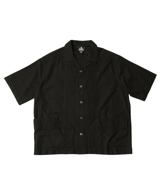 Cotton-Linen “綿麻” Pintuck Open Collar Shirt (BLACK-L)